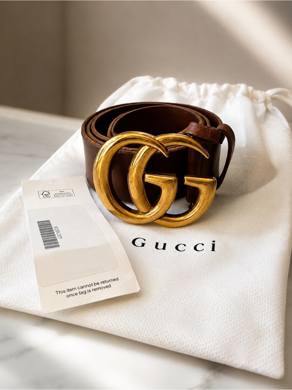 Authentic Gucci Brown Leather Belt with Gold Double G Buckle Sz 90